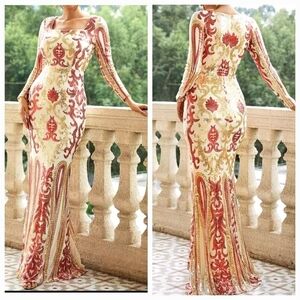 Red, Baroque Print, Square Neck, Long Sleeved, Sequined Mermaid Gown